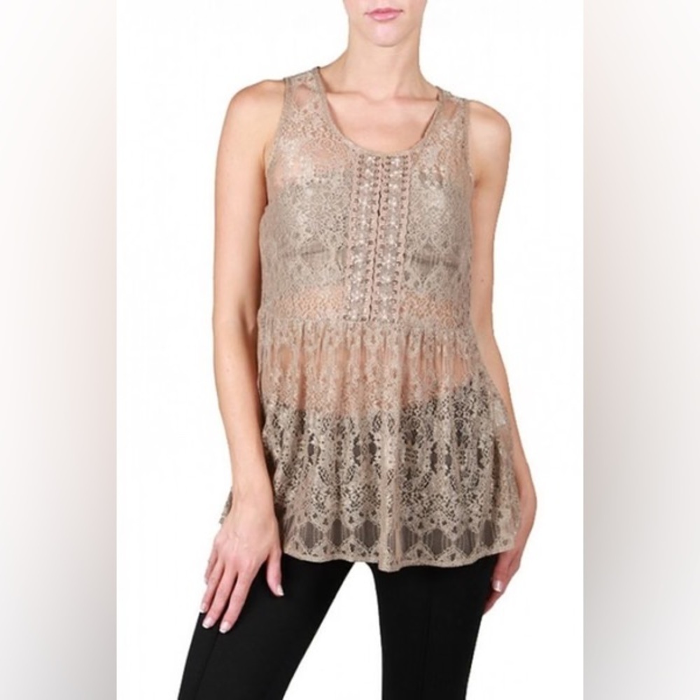 a’reve (Anthropologie) Lace Beaded Peplum Tunic Taupe Tank – Women’s Sz S